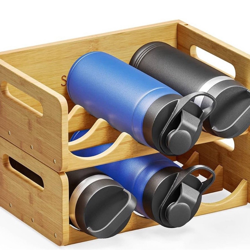 Bamboo Bottle Holder with Blue and Black Bottles